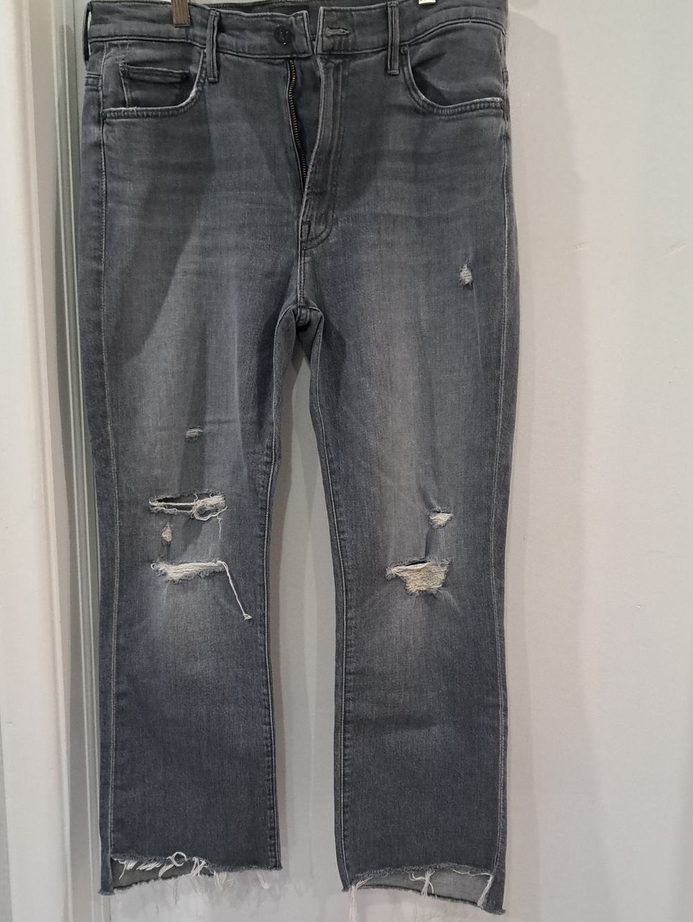 MOTHER Gray Distressed Straight-Leg Jeans